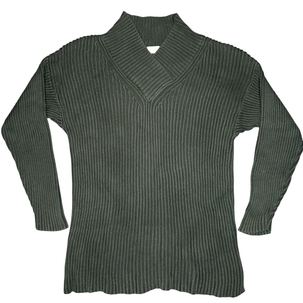VTG Apart Sweater Green Chunky Ribbed Knit 100% Cotton Shawl V-Neck Pullover